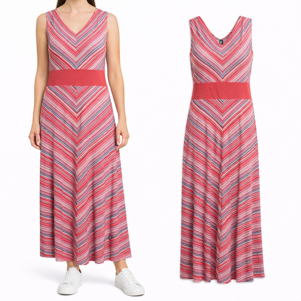 Nina Leonard Pink & Blue Striped V-Neck Maxi Dress